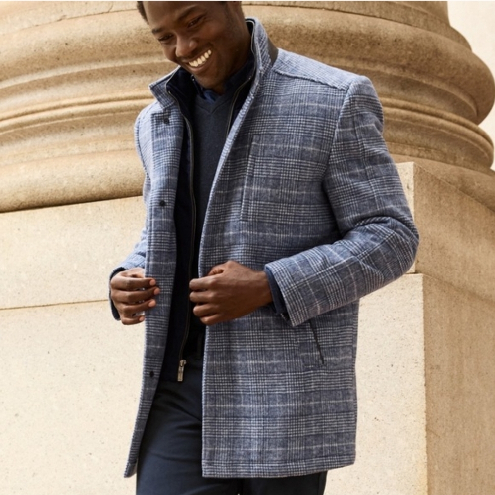 Johnston & Murphy Upton Men's Blue Plaid Wool-Blend Car Coat - Picture 3 of 8